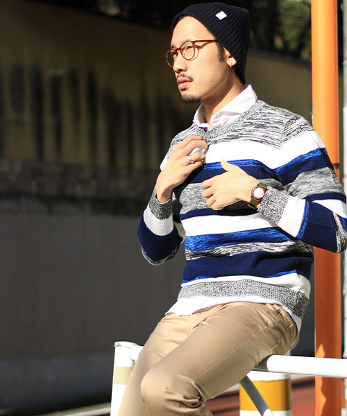 ESSENTIAL GARMENT MEN'S BIGI（エッセンシャルガーメントメンズビギ）の「クルーネック マルチボーダーニット/リネン×コットン（ニット/セーター・メンズ・ネイビー/ベージュ/ブルー系その他・MEDIUM/SMALL/LARGE）」の2枚目の写真