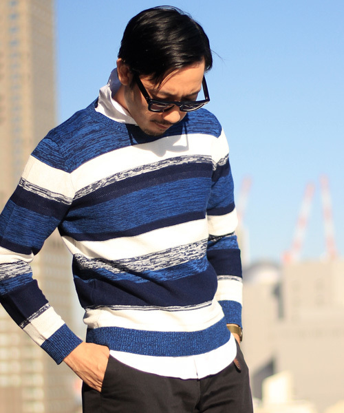 ESSENTIAL GARMENT MEN'S BIGI（エッセンシャルガーメントメンズビギ）の「クルーネック マルチボーダーニット/リネン×コットン（ニット/セーター・メンズ・ネイビー/ベージュ/ブルー系その他・MEDIUM/SMALL/LARGE）」の4枚目の写真