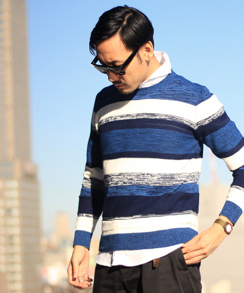 ESSENTIAL GARMENT MEN'S BIGI（エッセンシャルガーメントメンズビギ）の「クルーネック マルチボーダーニット/リネン×コットン（ニット/セーター・メンズ・ネイビー/ベージュ/ブルー系その他・MEDIUM/SMALL/LARGE）」の5枚目の写真