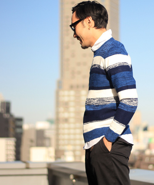 ESSENTIAL GARMENT MEN'S BIGI（エッセンシャルガーメントメンズビギ）の「クルーネック マルチボーダーニット/リネン×コットン（ニット/セーター・メンズ・ネイビー/ベージュ/ブルー系その他・MEDIUM/SMALL/LARGE）」の6枚目の写真