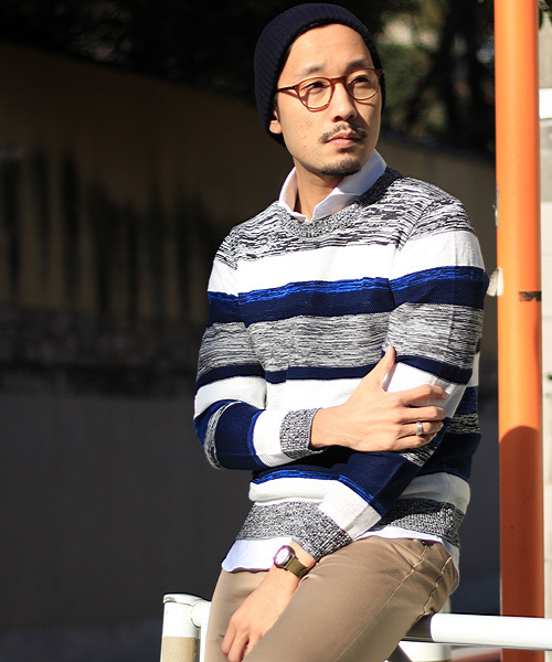 ESSENTIAL GARMENT MEN'S BIGI（エッセンシャルガーメントメンズビギ）の「クルーネック マルチボーダーニット/リネン×コットン（ニット/セーター・メンズ・ネイビー/ベージュ/ブルー系その他・MEDIUM/SMALL/LARGE）」の15枚目の写真