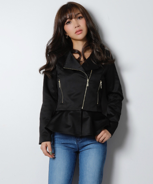 EIMY ISTOIRE（エイミーイストワール）の「peplum collarless riders jacket（ライダースジャケット・レディース・ブラック/ベージュ/オレンジ・FREE）」の2枚目の写真