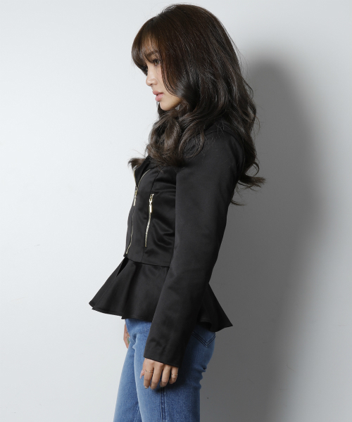 EIMY ISTOIRE（エイミーイストワール）の「peplum collarless riders jacket（ライダースジャケット・レディース・ブラック/ベージュ/オレンジ・FREE）」の4枚目の写真