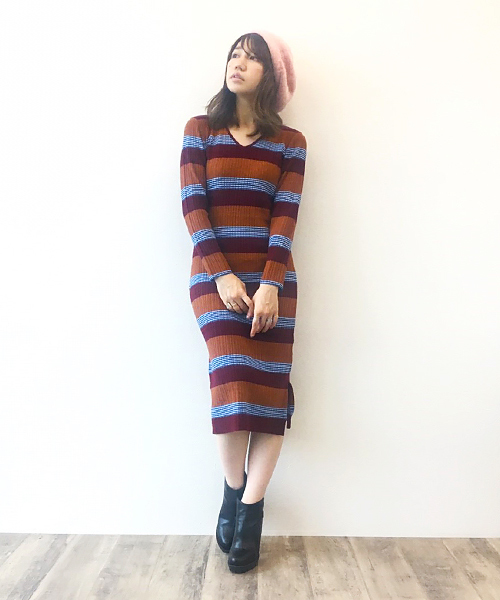 In Store ティテ インザ ストア のファッション In ワンピース The セール The マルチカラーボーダーｖネックニットワンピース ワンピース Tite