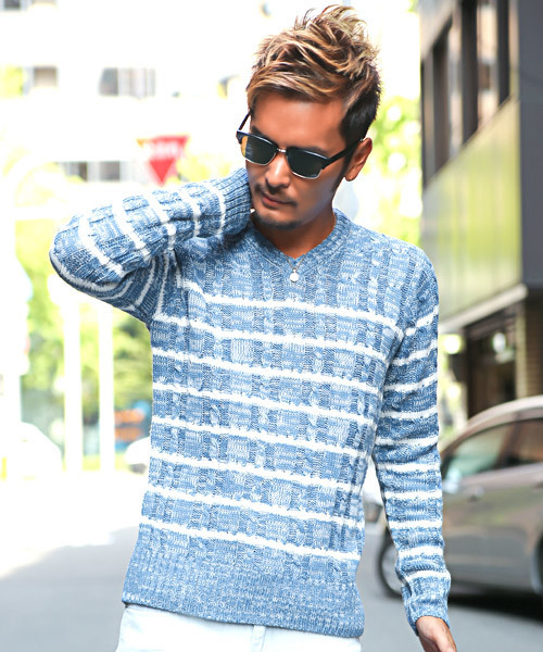 LUXSTYLE（ラグスタイル）の「ケーブル編みVネックニットソー（ニット/セーター・メンズ・ブラック/オフホワイト/ネイビー/ベージュ/サックスブルー/ホワイト×ブラック/ミックスグレー/ホワイト系その他/ブラック系その他/ブラック系その他2/ホワイト×ネイビー/ブルー系その他/ブラック系その他3/ブルー系その他3/ブルー系その他2/ダークネイビー/チャコール・XL/M/L）」の15枚目の写真