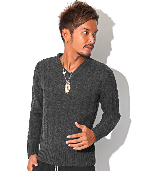 LUXSTYLE（ラグスタイル）の「ケーブル編みVネックニットソー（ニット/セーター・メンズ・ブラック/オフホワイト/ネイビー/ベージュ/サックスブルー/ホワイト×ブラック/ミックスグレー/ホワイト系その他/ブラック系その他/ブラック系その他2/ホワイト×ネイビー/ブルー系その他/ブラック系その他3/ブルー系その他3/ブルー系その他2/ダークネイビー/チャコール・XL/M/L）」の11枚目の写真