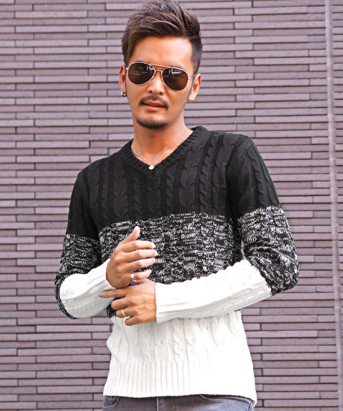 LUXSTYLE（ラグスタイル）の「ケーブル編みVネックニットソー（ニット/セーター・メンズ・ブラック/オフホワイト/ネイビー/ベージュ/サックスブルー/ホワイト×ブラック/ミックスグレー/ホワイト系その他/ブラック系その他/ブラック系その他2/ホワイト×ネイビー/ブルー系その他/ブラック系その他3/ブルー系その他3/ブルー系その他2/ダークネイビー/チャコール・XL/M/L）」の9枚目の写真