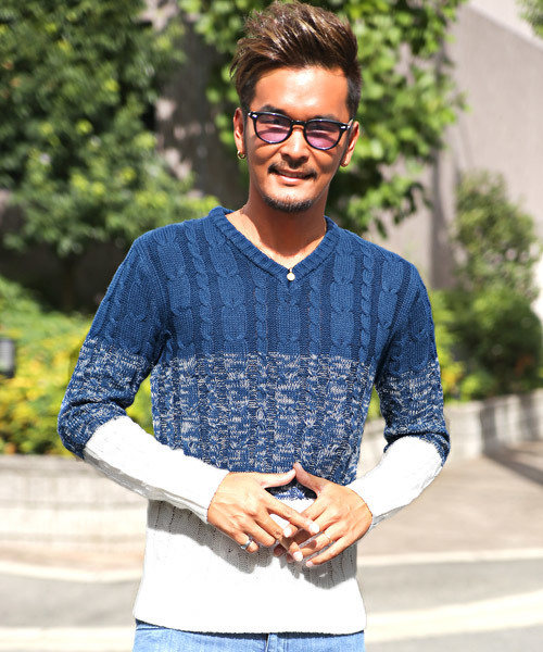 LUXSTYLE（ラグスタイル）の「ケーブル編みVネックニットソー（ニット/セーター・メンズ・ブラック/オフホワイト/ネイビー/ベージュ/サックスブルー/ホワイト×ブラック/ミックスグレー/ホワイト系その他/ブラック系その他/ブラック系その他2/ホワイト×ネイビー/ブルー系その他/ブラック系その他3/ブルー系その他3/ブルー系その他2/ダークネイビー/チャコール・XL/M/L）」の17枚目の写真