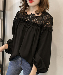 オフショルダー風レース切り替えブラウス