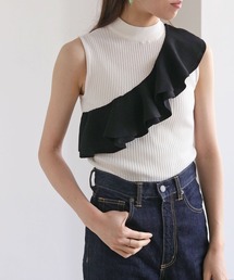 【cheriella】イージーケアCOOLタッチプチハイネックラッフルフリルノースリーブリブニット
