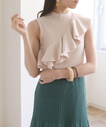 【cheriella】イージーケアCOOLタッチプチハイネックラッフルフリルノースリーブリブニット