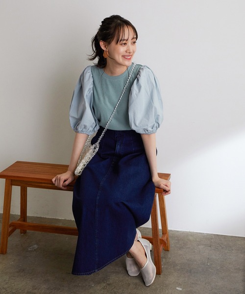 vis-`a-vis（ビサビ）の「【WEB限定】異素材コンビボリューム袖プルオーバー（Tシャツ/カットソー・レディース・ブラック/ホワイト系その他/ベージュ/サックスブルー・FREE）」の7枚目の写真