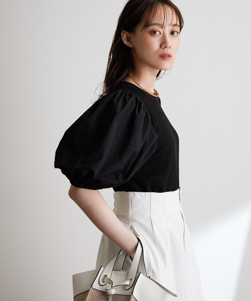 vis-`a-vis（ビサビ）の「【WEB限定】異素材コンビボリューム袖プルオーバー（Tシャツ/カットソー・レディース・ブラック/ホワイト系その他/ベージュ/サックスブルー・FREE）」の8枚目の写真