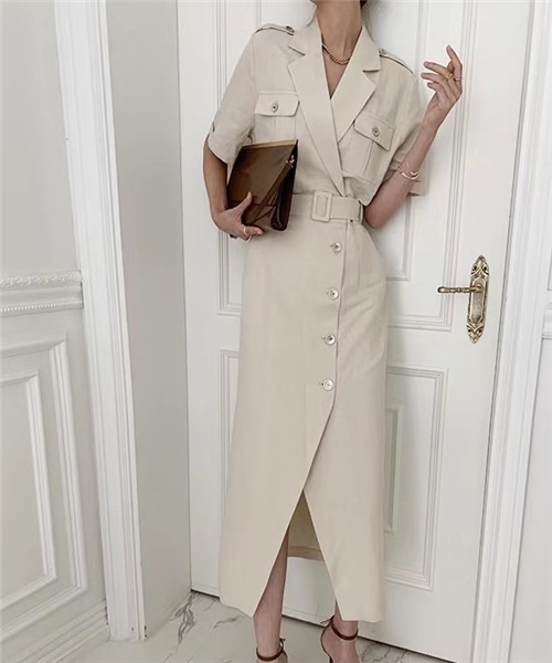 金属ボタントレンチ風ベルト付前開きロングワンピース