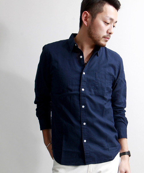 WEGO(ウィゴー)の「WEGO/フレンチリネン混シャツ(シャツ/ブラウス・メンズ・ホワイト/ブルー/サックスブルー/ネイビー/ライトピンク/オレンジ・MEDIUM/LARGE)」の3枚目の写真