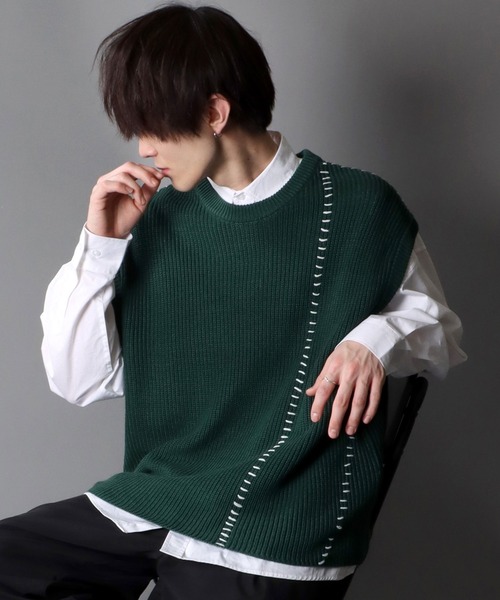 SITRY（シトリー）の「Hand stitch Knit vest/ハンドステッチ ニットベスト（ベスト・メンズ・ブラック/オフホワイト/グリーン・M/L）」の3枚目の写真