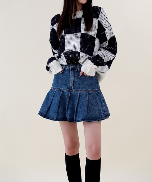 by muni:r(バイ ムニール)の「デニムプリーツスカートパンツ(デニムスカート・レディース・ブルー・SMALL/MEDIUM)」の12枚目の写真