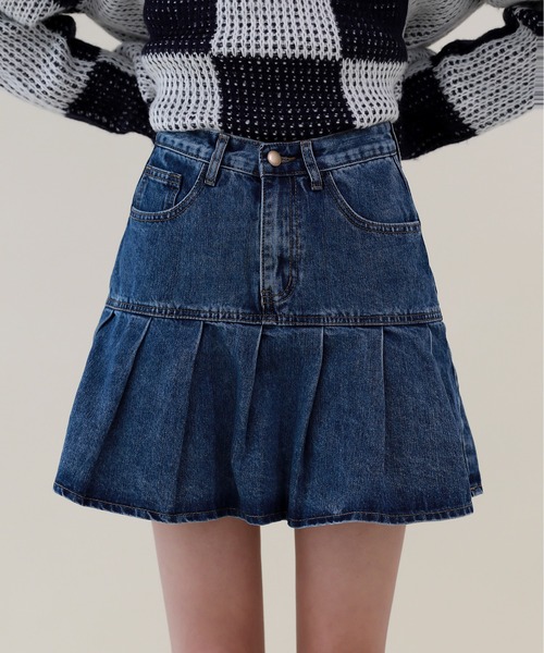by muni:r(バイ ムニール)の「デニムプリーツスカートパンツ(デニムスカート・レディース・ブルー・SMALL/MEDIUM)」の8枚目の写真