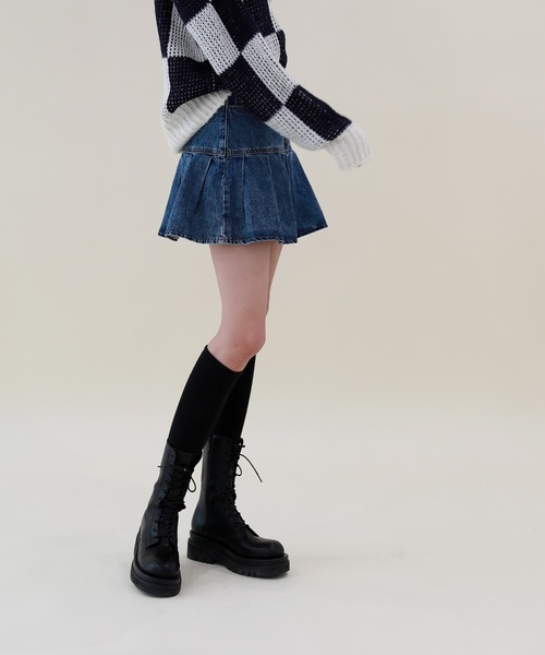 by muni:r(バイ ムニール)の「デニムプリーツスカートパンツ(デニムスカート・レディース・ブルー・SMALL/MEDIUM)」の13枚目の写真
