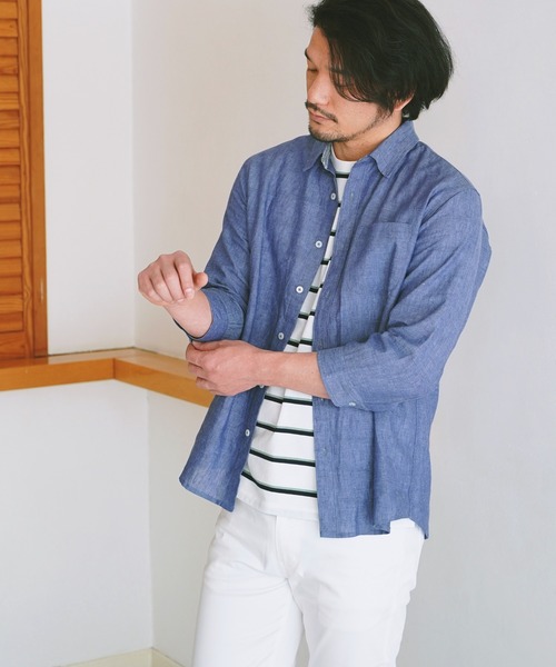 ikka(イッカ)の「7分袖イージーケアリネンシャツ(シャツ/ブラウス・メンズ・ホワイト/ベージュ/グリーン/ブルー/ピンク・S/M/L/XL)」の6枚目の写真
