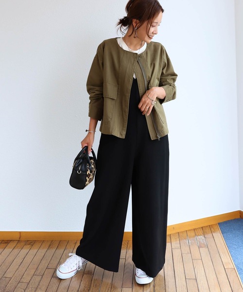 andme（アンドミー）の「コットンツイルショート丈ノーカラージャケット（ミリタリージャケット・レディース・チャコールグレー/ベージュ/カーキ/グレイッシュベージュ・M）」の11枚目の写真