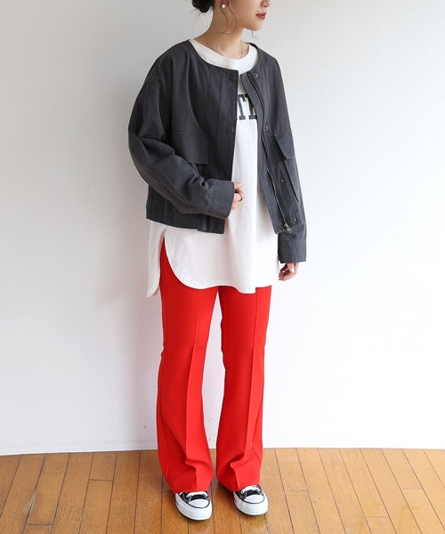 andme（アンドミー）の「コットンツイルショート丈ノーカラージャケット（ミリタリージャケット・レディース・チャコールグレー/ベージュ/カーキ/グレイッシュベージュ・M）」の15枚目の写真