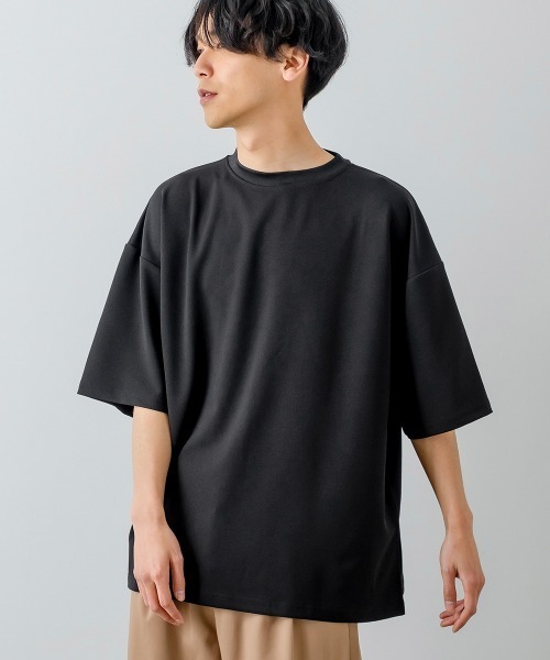 improves(インプローブス)の「カットジョーゼット オーバーサイズ ワイドモックネック Tシャツ セットアップ対応(Tシャツ/カットソー・メンズ・ブラック/ネイビー/グレー/ベージュ/サックスブルー/ライトグレー・LARGE/MEDIUM)」の2枚目の写真