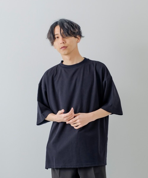 improves(インプローブス)の「カットジョーゼット オーバーサイズ ワイドモックネック Tシャツ セットアップ対応(Tシャツ/カットソー・メンズ・ブラック/ネイビー/グレー/ベージュ/サックスブルー/ライトグレー・LARGE/MEDIUM)」の9枚目の写真