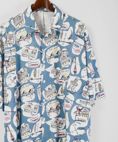 FUNALIVE（ファンアライブ）の「とろみレトロ総柄プリント半袖ビッグシャツ（シャツ/ブラウス・メンズ・モカ/ネイビー/サックスブルー/ブラック系その他/ホワイト/ベージュ/イエロー/キナリ/グリーン/ブラック・M/L/XL）」の9枚目の写真