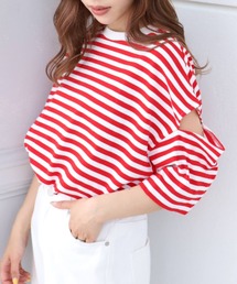 moment+ | 綿100％ボーダー天竺.ショルダーカットアウトTシャツ(Tシャツ/カットソー)