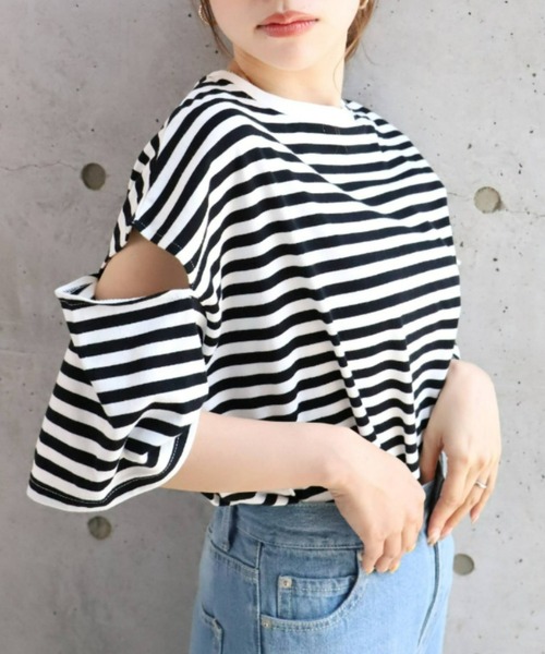 moment+(モーメントプラス)の「綿100%無地&ボーダー天竺.ショルダーカットアウトTシャツ(Tシャツ/カットソー・レディース・ブラック/グリーン/レッド/ピンク/ベージュ系その他/オフホワイト/ブラック系その他・M)」の16枚目の写真