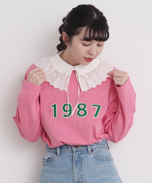 CHILD WOMAN(チャイルドウーマン)の「オーガニック天竺 1987フェルト刺繍Tシャツ(Tシャツ/カットソー・レディース・アイボリー/ネイビー/ピンク・FREE)」の3枚目の写真