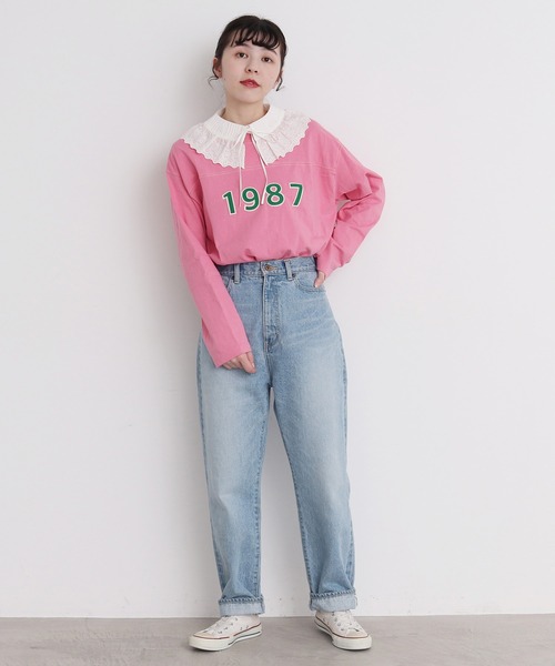 CHILD WOMAN(チャイルドウーマン)の「オーガニック天竺 1987フェルト刺繍Tシャツ(Tシャツ/カットソー・レディース・アイボリー/ネイビー/ピンク・FREE)」の18枚目の写真
