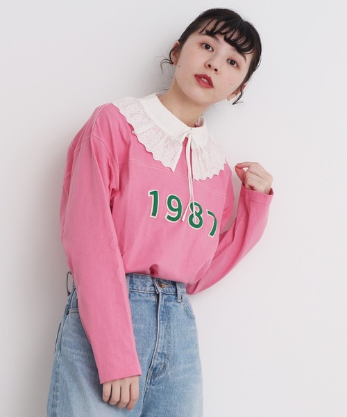 CHILD WOMAN(チャイルドウーマン)の「オーガニック天竺 1987フェルト刺繍Tシャツ(Tシャツ/カットソー・レディース・アイボリー/ネイビー/ピンク・FREE)」の14枚目の写真