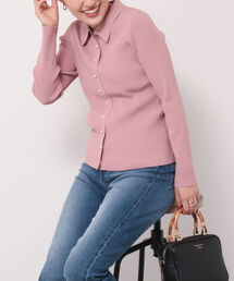 パール釦 衿付きリブカーディガン