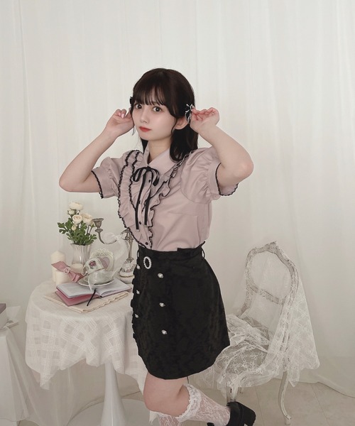 【超美品】ハニーシナモン 台形スカート 縦フリルジャガード ブラック ハニシナ 超美品】ハニーシナモン 台形スカート 縦フリルジャガード