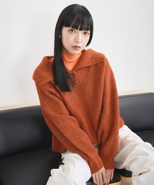 LOWRYS FARM（ローリーズファーム）の「ビッグカラーショートニットロングスリーブ　165163（ニット/セーター・レディース・アイボリー/ブラック/グリーン/オレンジ・FREE）」の4枚目の写真