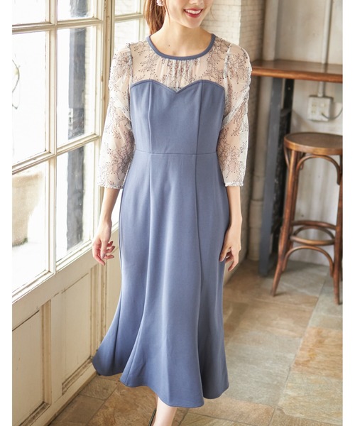 tocco closet(トッコ クローゼット)の「シャーリングスリーブレース切り替え配色マーメイドワンピース(ワンピース・レディース・ブラック/ネイビー/ブルーグレー/ピンク系その他・M)」の14枚目の写真