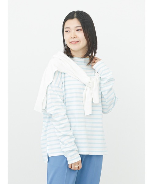 Samansa Mos2 blue（サマンサモスモスブルー）の「ボーダーロンT（Tシャツ/カットソー・レディース・グリーン/オフホワイト/ピンク/イエロー/サックスブルー・ﾌﾘ-）」の3枚目の写真