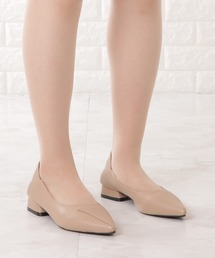 レザー調レイヤードローヒールパンプス