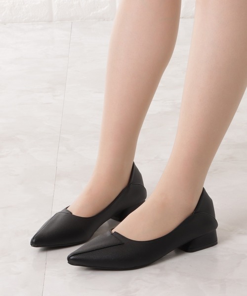 セール】レザー調レイヤードローヒールパンプス（パンプス