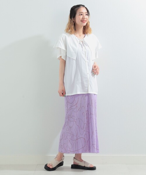 Ray BEAMS（レイビームス）の「Ray BEAMS / ライン プリント プリーツ ワンピース（ワンピース・レディース・ホワイト/ラベンダー・ONE SIZE）」の5枚目の写真