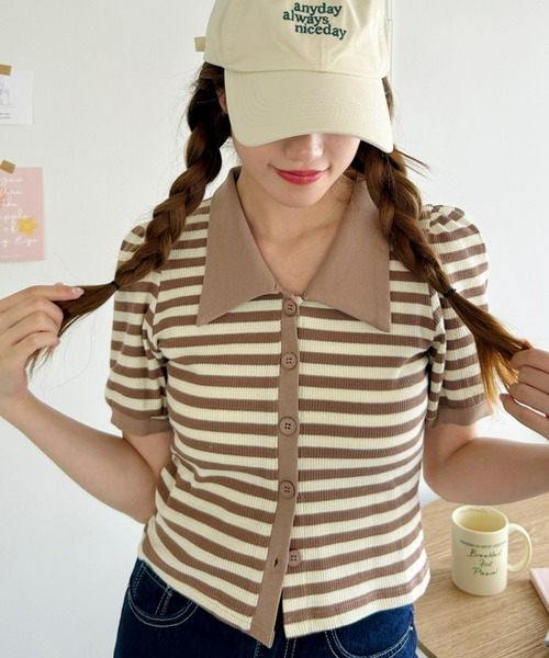 Loueme(ルエム)の「ワッフルボーダーパフスリーブ2WAYトップス(Tシャツ/カットソー・レディース・ブラック/ピンク/グリーン/レッド/ベージュ・FREE)」の3枚目の写真