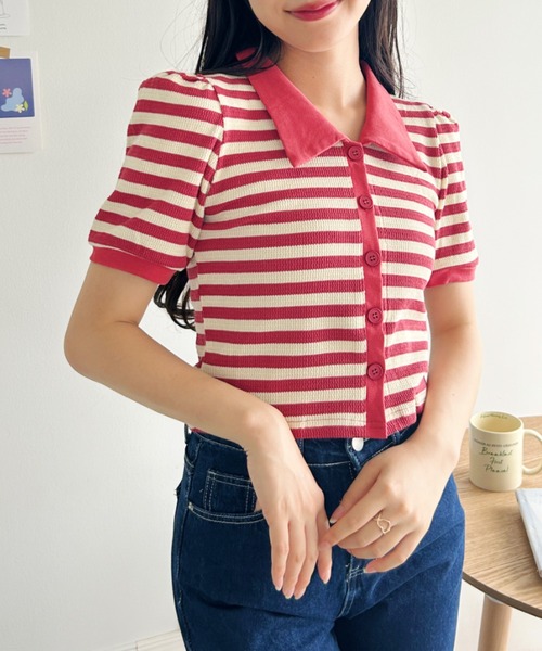 Loueme(ルエム)の「ワッフルボーダーパフスリーブ2WAYトップス(Tシャツ/カットソー・レディース・ブラック/ピンク/グリーン/レッド/ベージュ・FREE)」の1枚目の写真