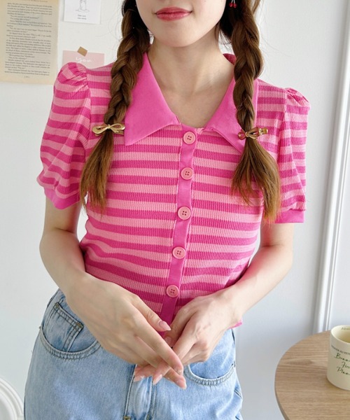Loueme(ルエム)の「ワッフルボーダーパフスリーブ2WAYトップス(Tシャツ/カットソー・レディース・ブラック/ピンク/グリーン/レッド/ベージュ・FREE)」の5枚目の写真