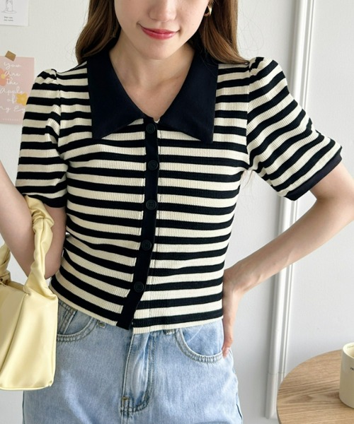 Loueme(ルエム)の「ワッフルボーダーパフスリーブ2WAYトップス(Tシャツ/カットソー・レディース・ブラック/ピンク/グリーン/レッド/ベージュ・FREE)」の2枚目の写真