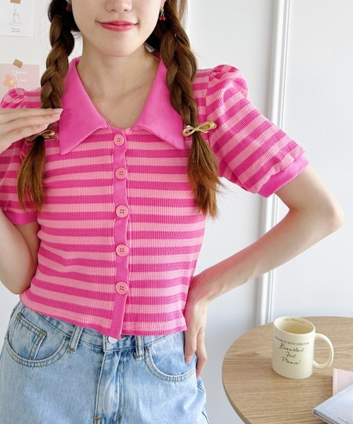 Loueme(ルエム)の「ワッフルボーダーパフスリーブ2WAYトップス(Tシャツ/カットソー・レディース・ブラック/ピンク/グリーン/レッド/ベージュ・FREE)」の20枚目の写真