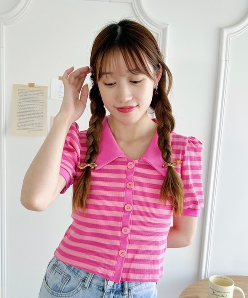 Loueme(ルエム)の「ワッフルボーダーパフスリーブ2WAYトップス(Tシャツ/カットソー・レディース・ブラック/ピンク/グリーン/レッド/ベージュ・FREE)」の21枚目の写真