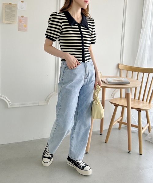 Loueme(ルエム)の「ワッフルボーダーパフスリーブ2WAYトップス(Tシャツ/カットソー・レディース・ブラック/ピンク/グリーン/レッド/ベージュ・FREE)」の9枚目の写真