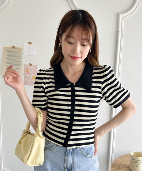 Loueme(ルエム)の「ワッフルボーダーパフスリーブ2WAYトップス(Tシャツ/カットソー・レディース・ブラック/ピンク/グリーン/レッド/ベージュ・FREE)」の8枚目の写真